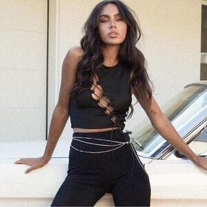 Princess Polly Tank Top Womens 8 Black Weekend Love Ribbed Lace Up Crop Tie